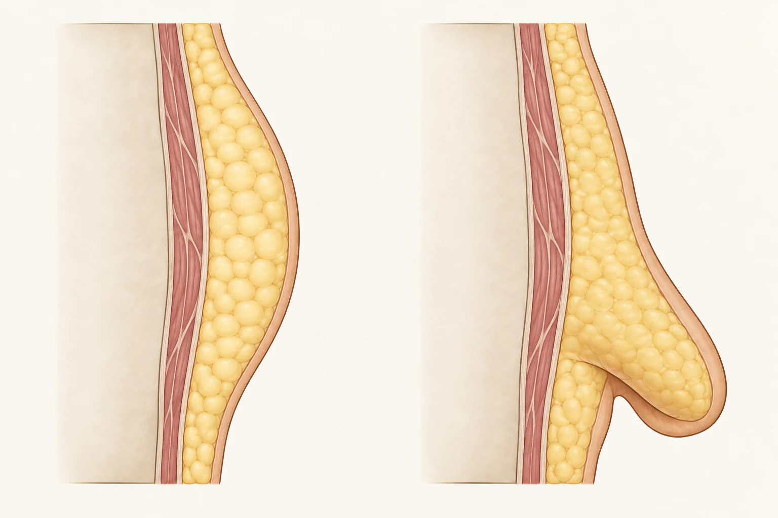 Dos cortes del abdomen: grasa bajo piel tersa a la izquierda y un pliegue de piel sobrante a la derecha.